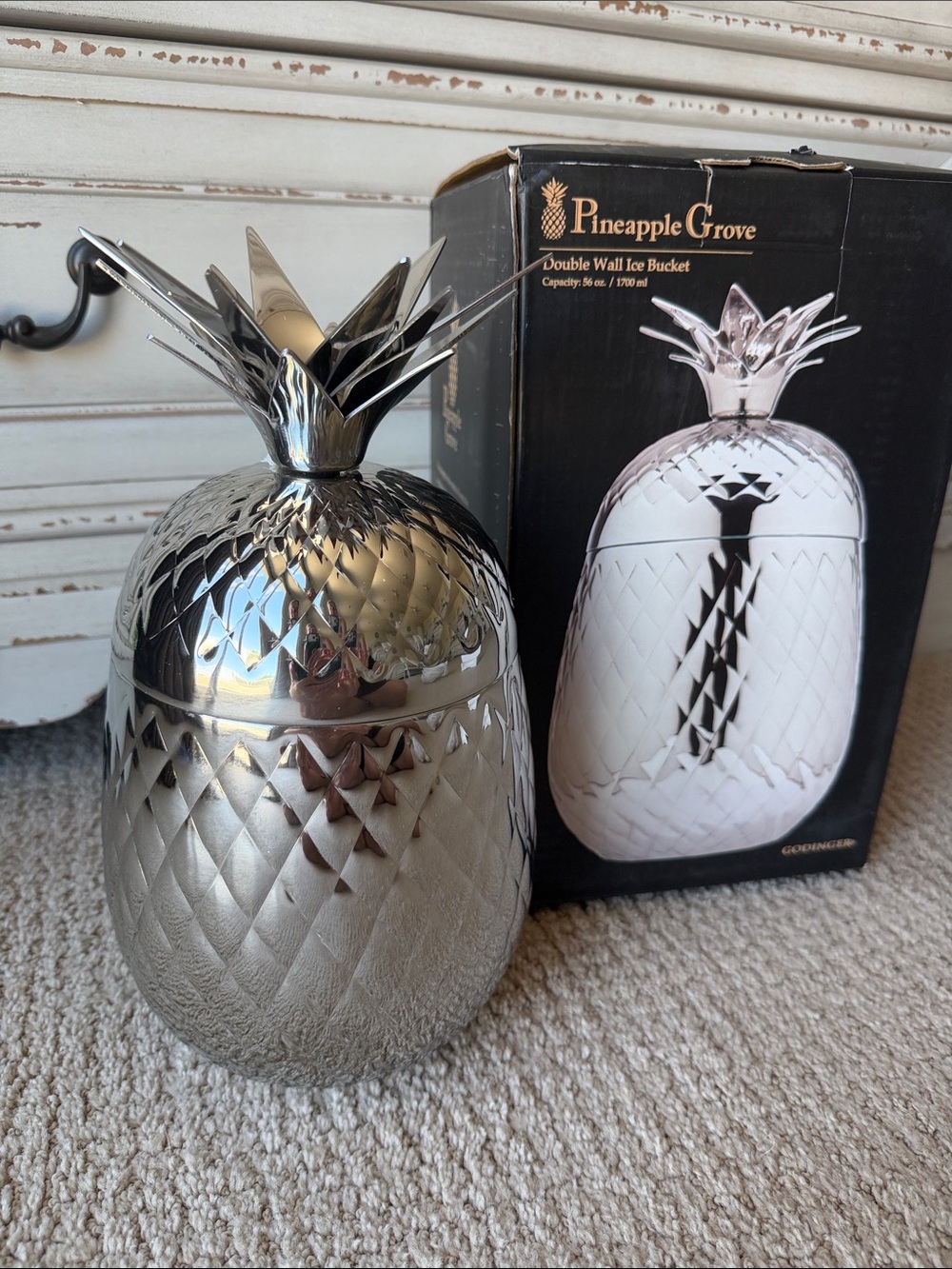 Pineapple Grove Stainless Steel Pineapple Double Wall Ice Bucket. NWOT.
